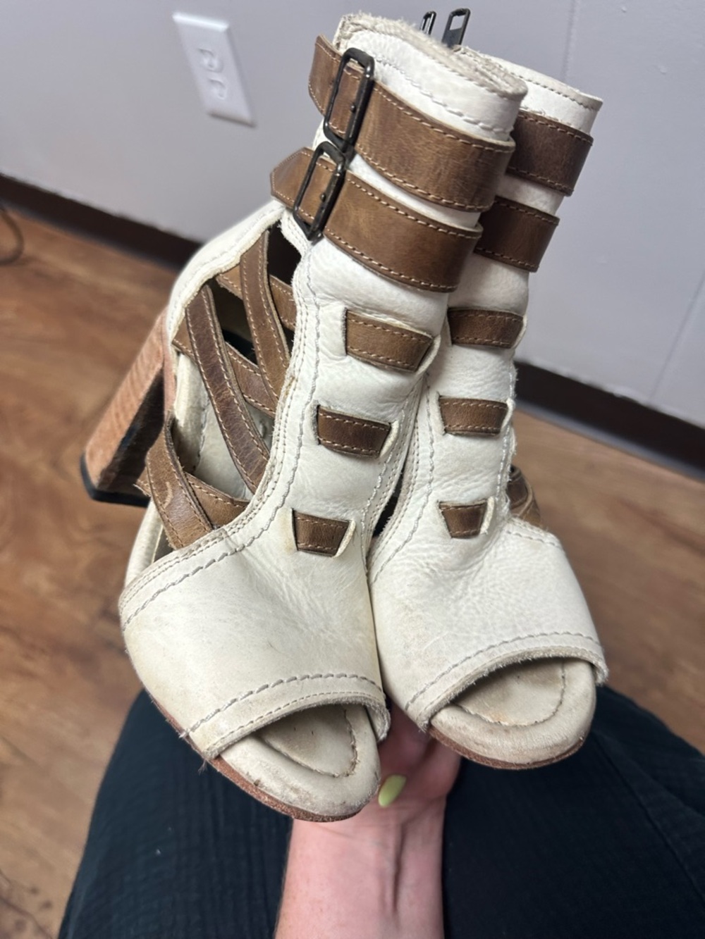 freebird Cream and Brown Strappy Open-Toe Ankle Booties